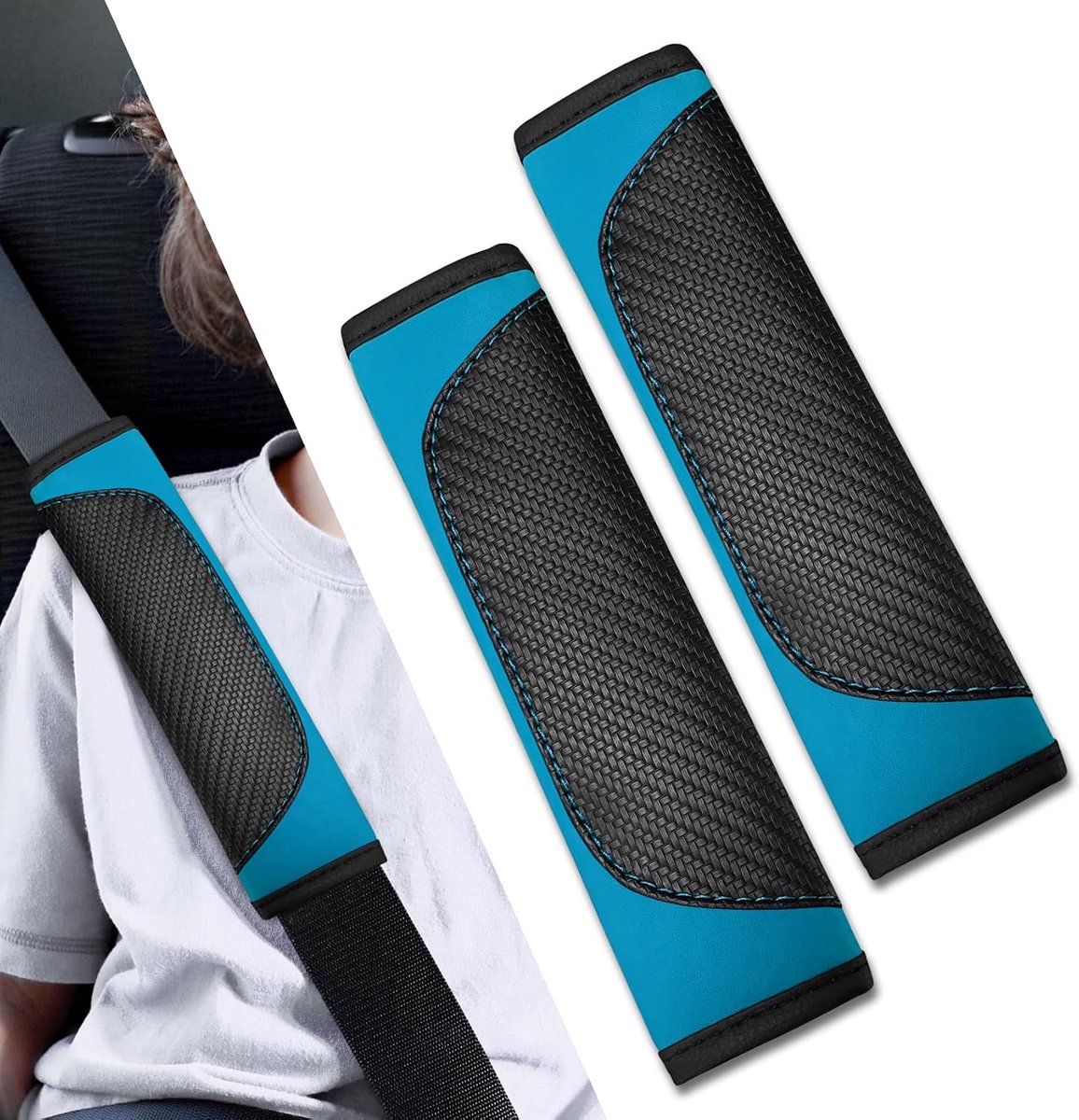 Autogordel Schouderkussen - 2 Stuks - Blauw - Mesh en Lederlook - Klittenband Sluiting - Universeel voor Auto - SUV en Bestelwagen
