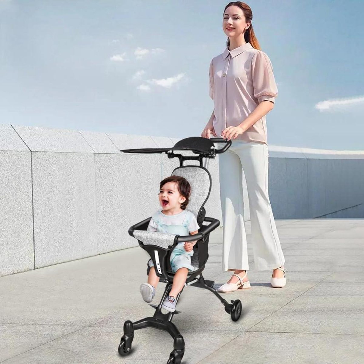 Kinderwagen - Buggy Reiswieg - Compact Reizen - Automatisch Opvouwbaar - 30 x 55 x 86.5 cm - Grijs Zwart
