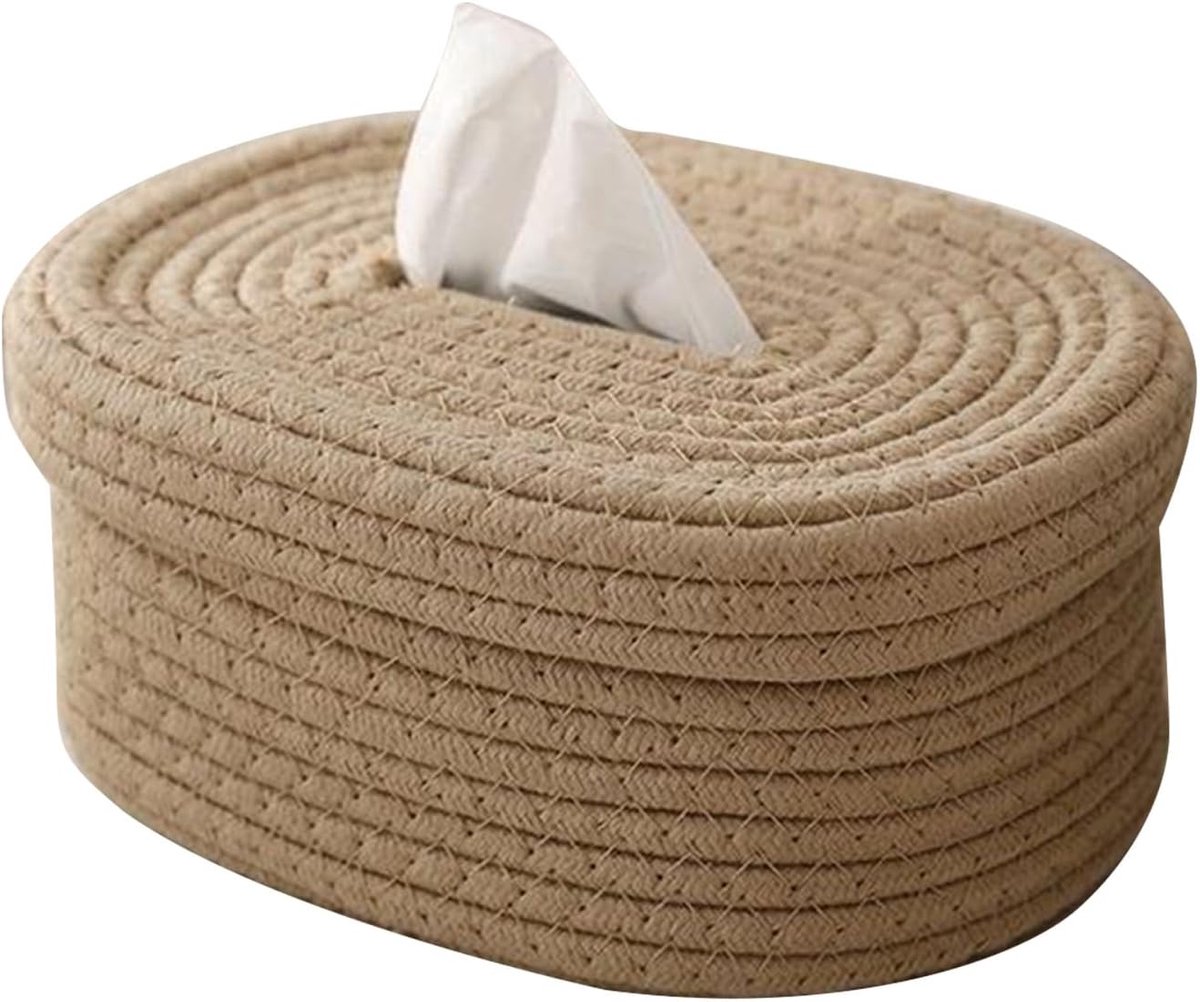 Zakdoekjesdoos - Tissuehouder van Katoenen Touw - Handgeweven Doekjehouder - Boho Stijl Organizer - Geschikt voor Eetkamer en Badkamer - Papieren Zakdoekhouder - Woondecoratie - 21×16.5×10.5cm - Khaki