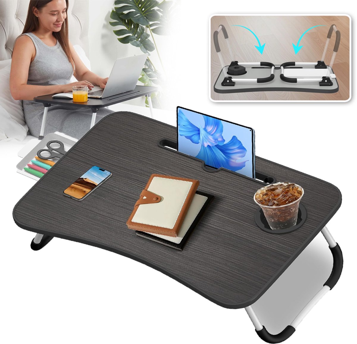 Opklapbare Tafel Met Telefoonhouder Klein Laatje En Bekerhouder - Stevig Metaal En Hout 60x40cm Opvouwbaar - Voor Bed, Bank, Vloer En Fauteuil - Zwart-Wit