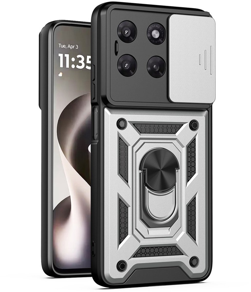 MobyDefend Hoesje - Geschikt voor Motorola Moto G37 / G47 - Pantsercase Met Draaibare Ring - Zilvergrijs