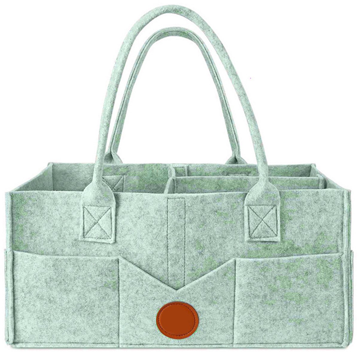 Lichtgroene Vilten Baby Luier Opbergmand 33×23×18cm | Meerdere Vakken Draagbare Luiertas met Leren Detail