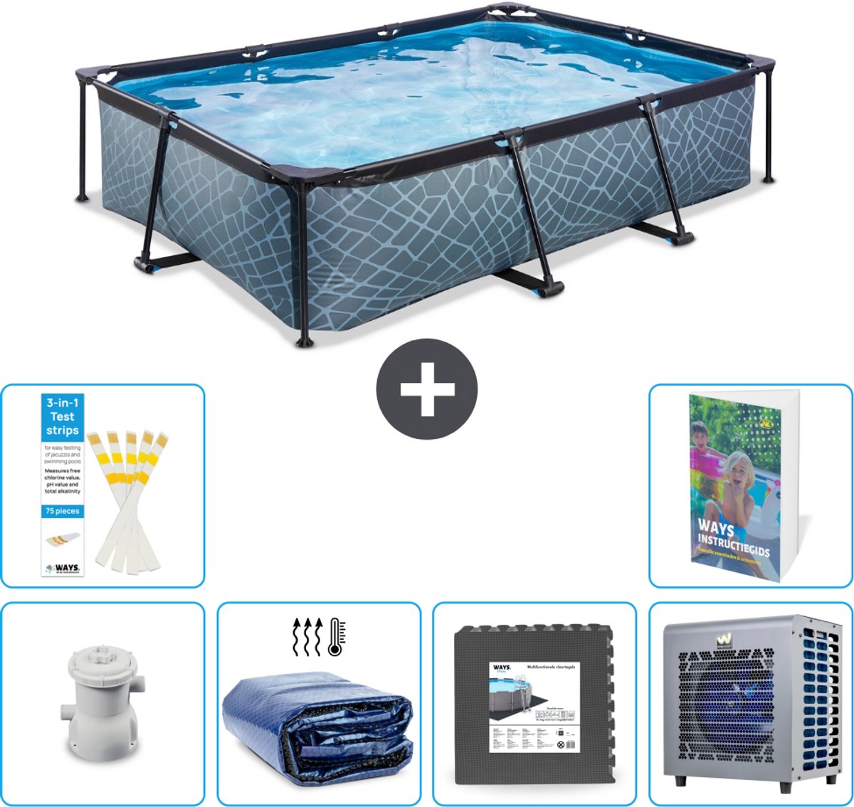 EXIT Rechthoekig Stone Frame Zwembad - 300 x 200 x 65 cm - Inclusief Pomp - Solarzeil - Vloertegels - Warmtepomp - 7-delig