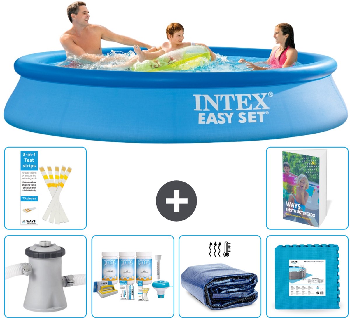 Intex Rond Opblaasbaar Easy Set Zwembad - 305 x 61 cm - Blauw - Inclusief Pomp - Onderhoudspakket - Solarzeil - Vloertegels - 7-delig