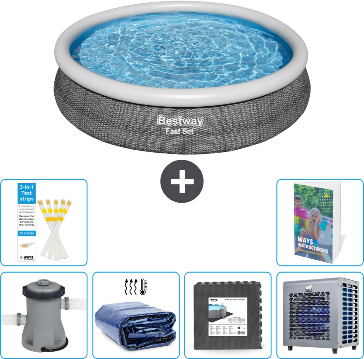Bestway Rond Opblaasbaar Fast Set Zwembad - Rotanprint - 366 x 76 cm - Inclusief Pomp - Solarzeil - Vloertegels - Warmtepomp - 7-delig