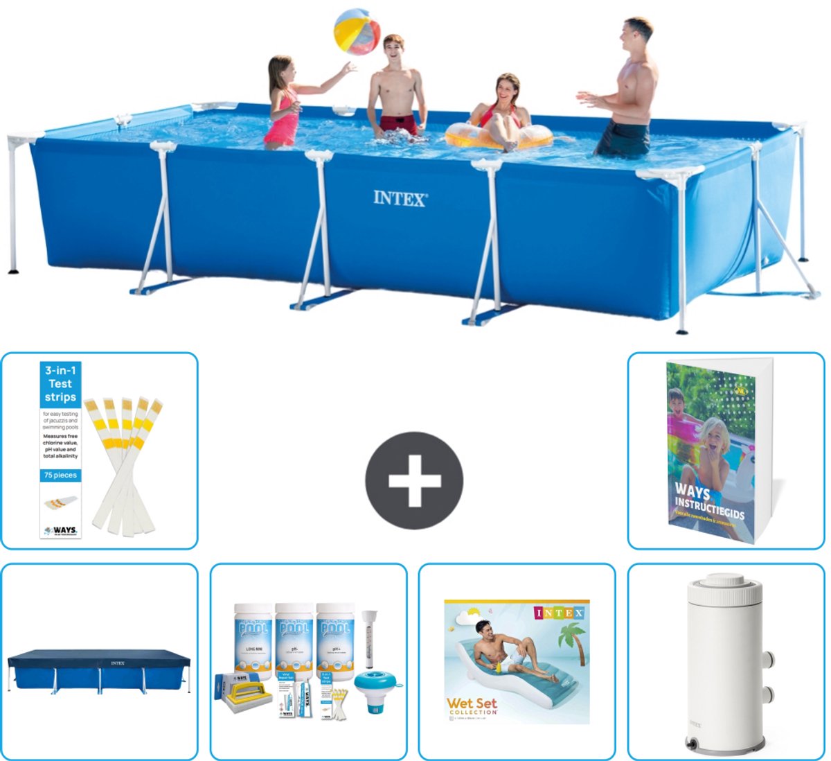 Intex Rechthoekig Frame Zwembad - 450 x 220 x 84 cm - Blauw - Inclusief Afdekzeil - Onderhoudspakket - Loungebed - Zwembadfilterpomp - 7-delig