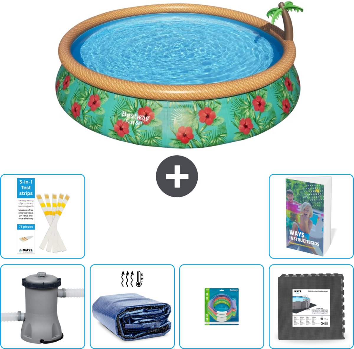 Bestway Rond Opblaasbaar Fast Set Zwembad - Paradijsprint - 457 x 84 cm - Inclusief Pomp - Solarzeil - Speelgoed - Vloertegels - 7-delig