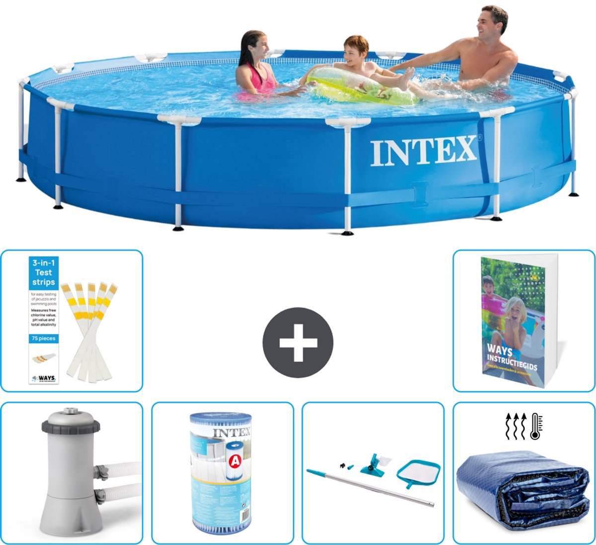 Intex Rond Frame Zwembad - 366 x 76 cm - Blauw - Inclusief Pomp - Filter - Schoonmaakset - Solarzeil - 7-delig
