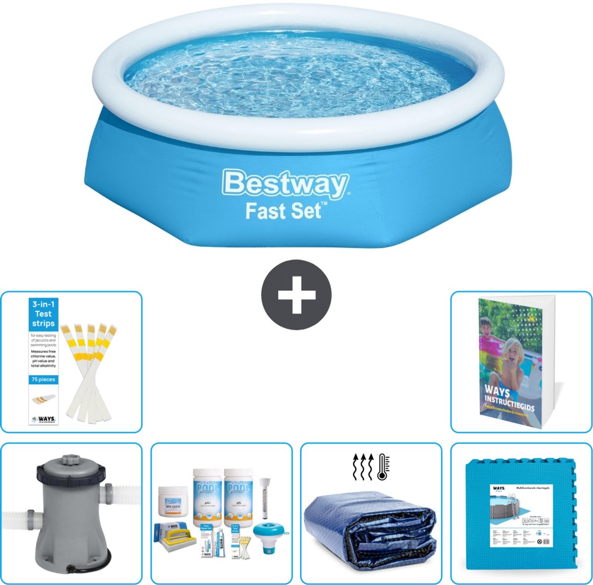 Bestway Rond Opblaasbaar Fast Set Zwembad - 244 x 61 cm - Blauw - Inclusief Pomp - Onderhoudspakket - Solarzeil - Vloertegels - 7-delig