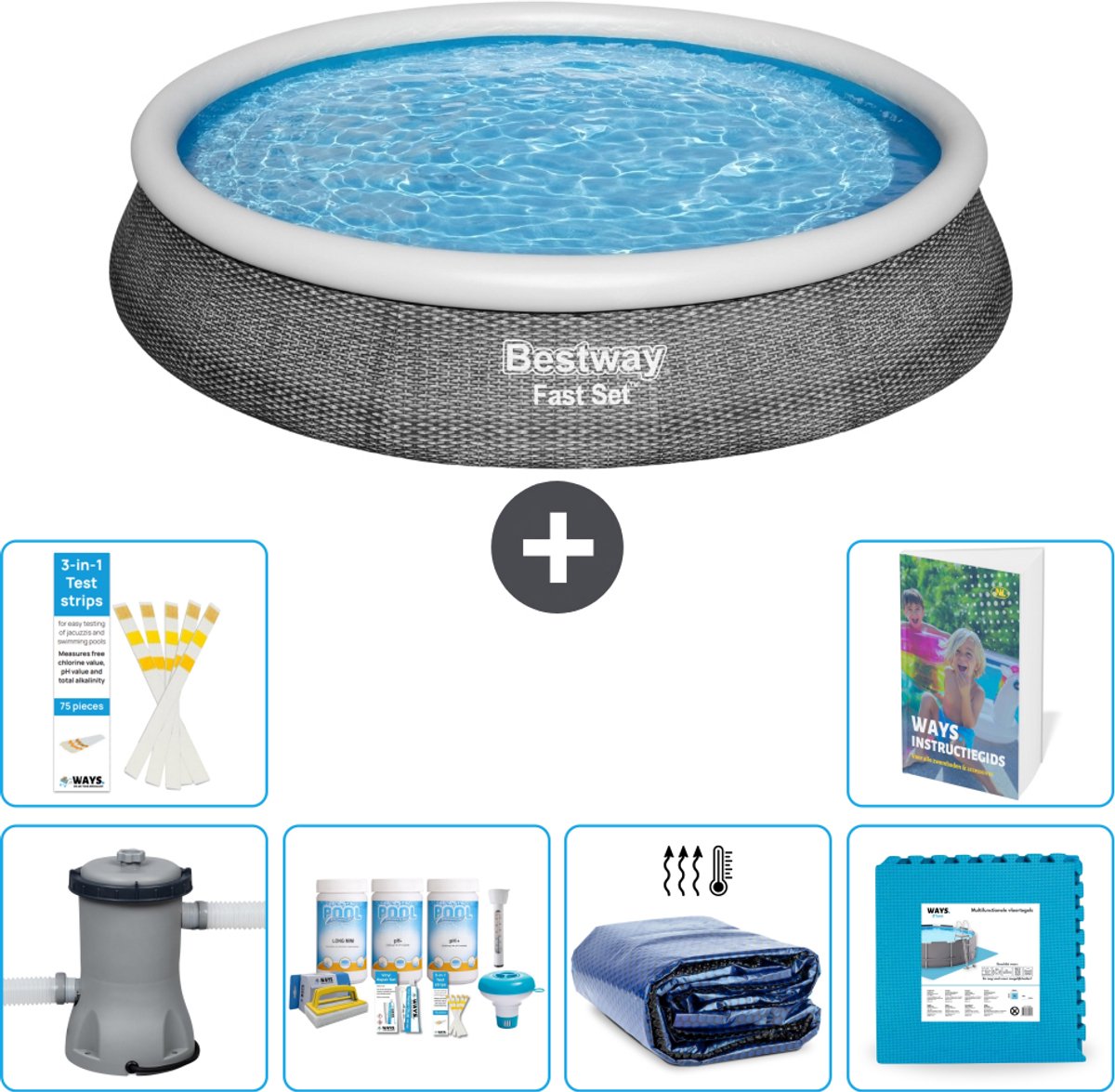 Bestway Rond Opblaasbaar Fast Set Zwembad - Rotanprint - 396 x 84 cm - Inclusief Pomp - Onderhoudspakket - Solarzeil - Vloertegels - 7-delig