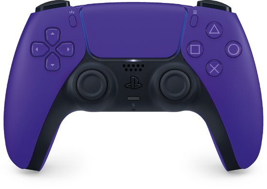 Paarse DualSense controller met zwarte accenten, witte knoppen en iconen.