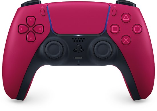 Rode DualSense controller met zwarte handvatten, knoppen en touchpad, staande op een witte achtergrond.