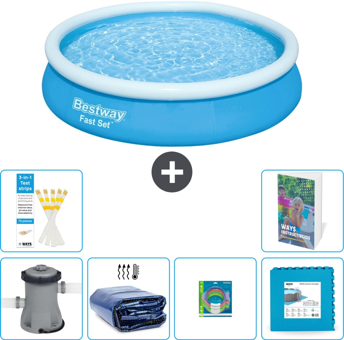 Bestway Rond Opblaasbaar Fast Set Zwembad - 366 x 76 cm - Blauw - Inclusief Pomp - Solarzeil - Speelgoed - Vloertegels - 7-delig