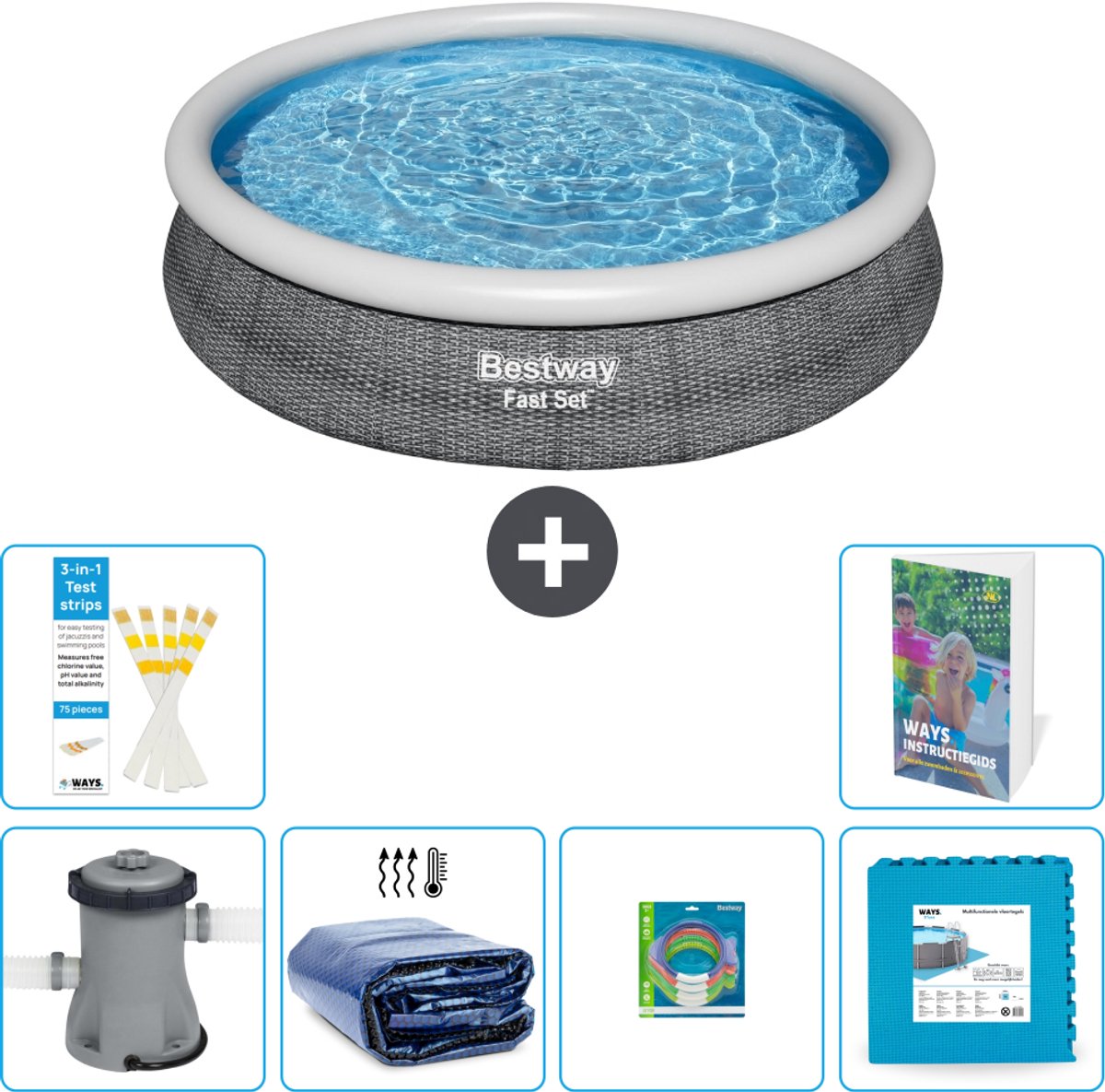 Bestway Rond Opblaasbaar Fast Set Zwembad - Rotanprint - 366 x 76 cm - Inclusief Pomp - Solarzeil - Speelgoed - Vloertegels - 7-delig