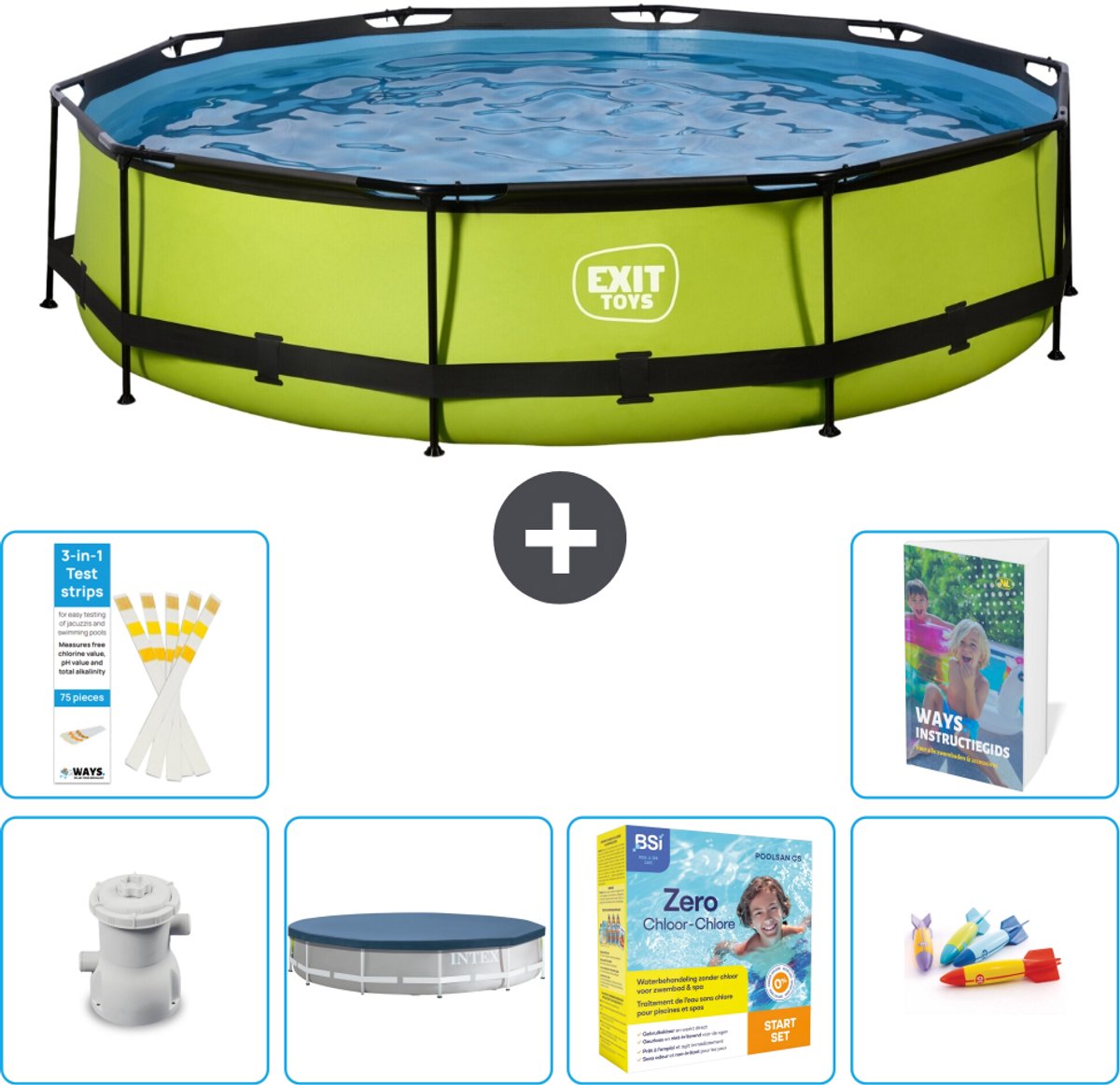 EXIT Rond Lime Frame Zwembad - 360 x 76 cm - Inclusief Pomp - Afdekzeil - Onderhoudspakket - Speelgoed - 7-delig