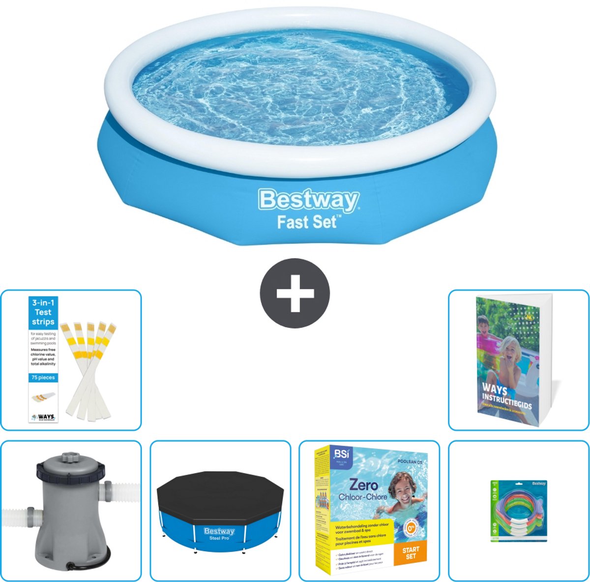 Bestway Rond Opblaasbaar Fast Set Zwembad - 305 x 66 cm - Blauw - Inclusief Pomp - Afdekzeil - Onderhoudspakket - Speelgoed - 7-delig