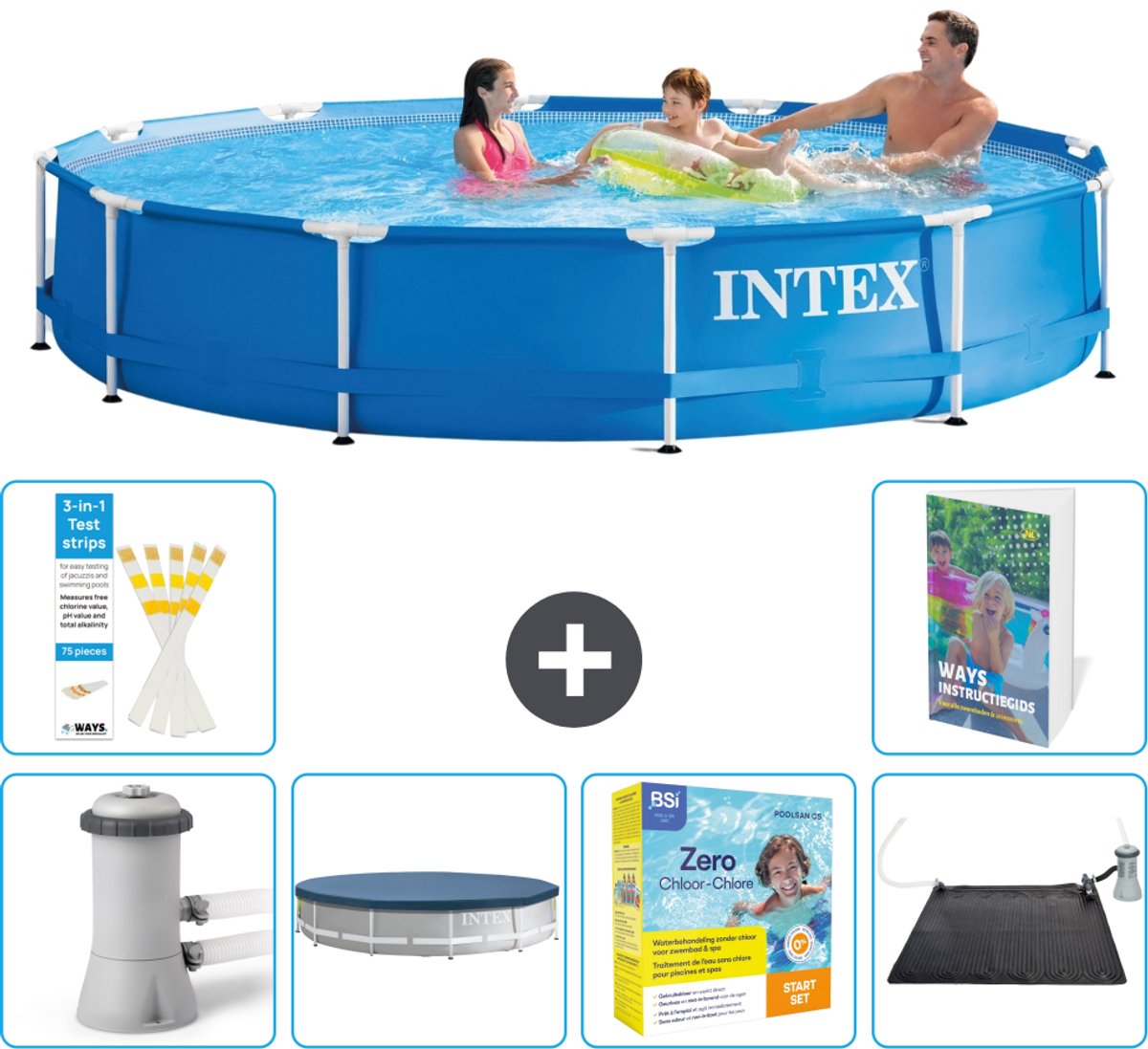 Intex Rond Frame Zwembad - 366 x 76 cm - Blauw - Inclusief Pomp - Afdekzeil - Onderhoudspakket - Solar Mat - 7-delig
