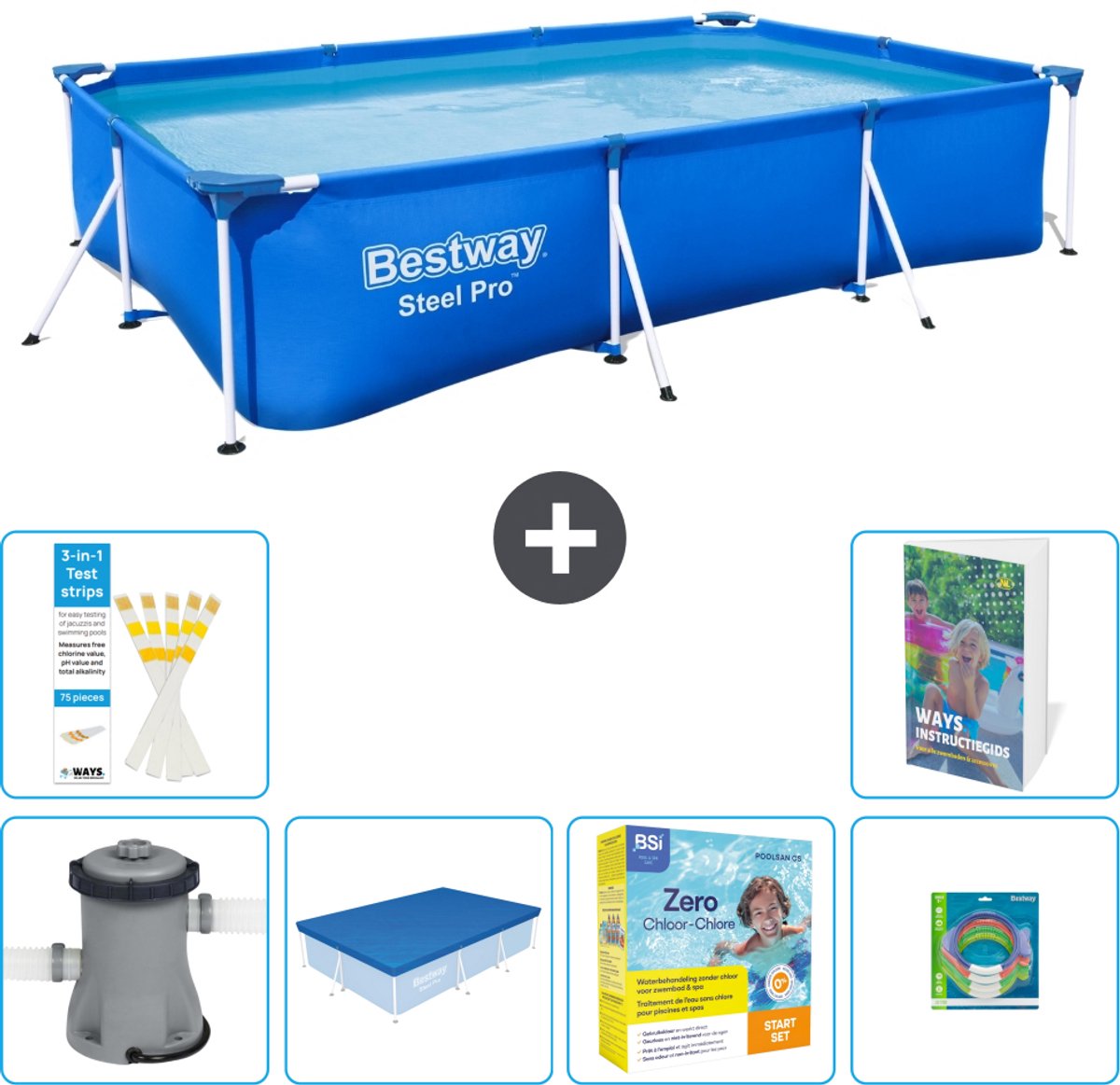 Bestway Rechthoekig Steel Pro Zwembad - 300 x 201 x 66 cm - Blauw - Inclusief Pomp - Afdekzeil - Onderhoudspakket - Speelgoed - 7-delig