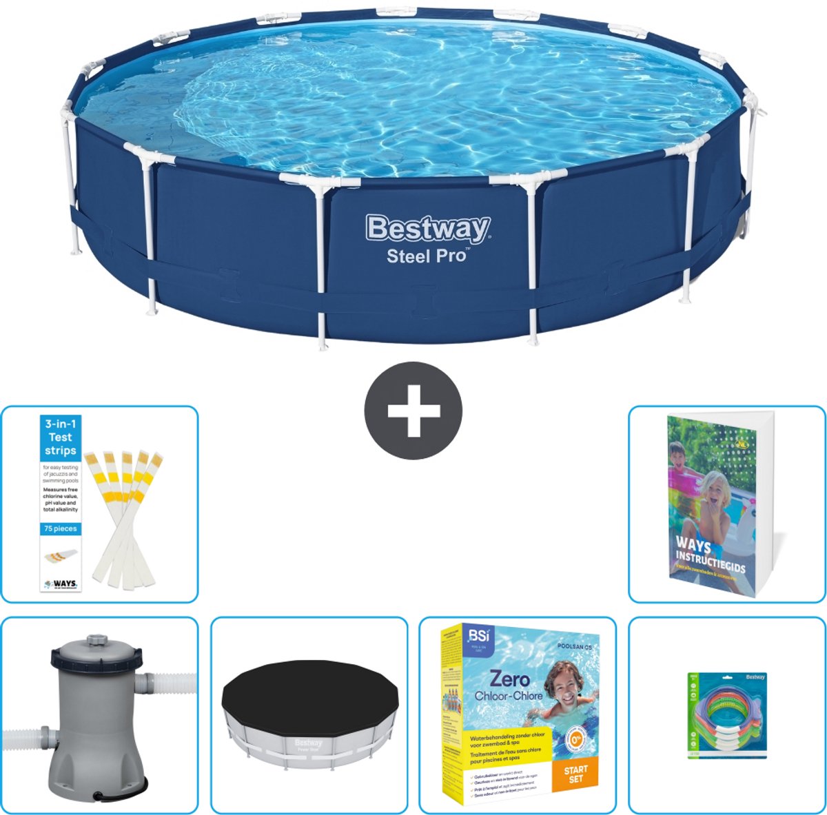 Bestway Rond Steel Pro Zwembad - 396 x 84 cm - Blauw - Inclusief Pomp - Afdekzeil - Onderhoudspakket - Speelgoed - 7-delig