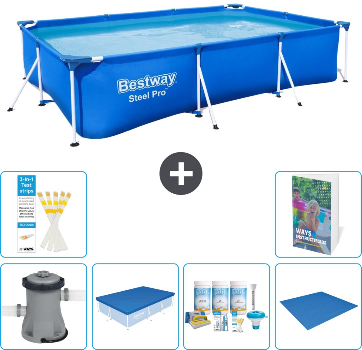 Bestway Rechthoekig Steel Pro Zwembad - 300 x 201 x 66 cm - Blauw - Inclusief Pomp - Afdekzeil - Onderhoudspakket - Grondzeil - 7-delig
