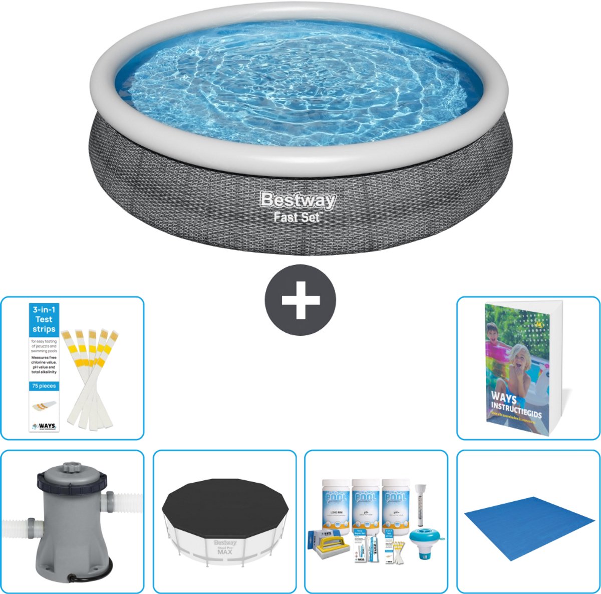 Bestway Rond Opblaasbaar Fast Set Zwembad - Rotanprint - 366 x 76 cm - Inclusief Pomp - Afdekzeil - Onderhoudspakket - Grondzeil - 7-delig