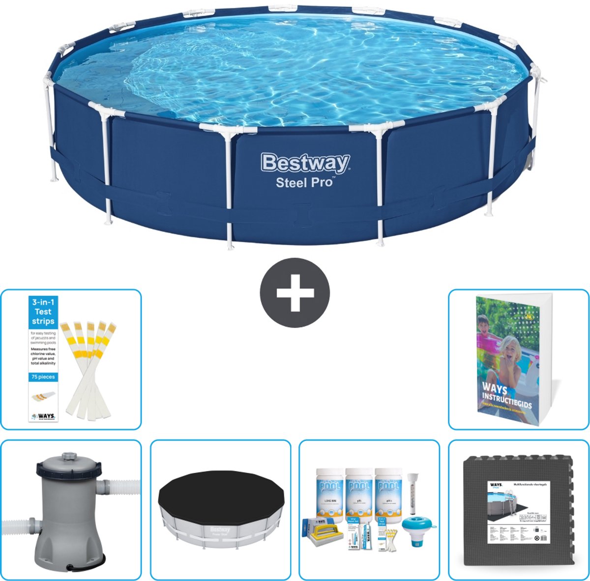 Bestway Rond Steel Pro Zwembad - 396 x 84 cm - Blauw - Inclusief Pomp - Afdekzeil - Onderhoudspakket - Vloertegels - 7-delig