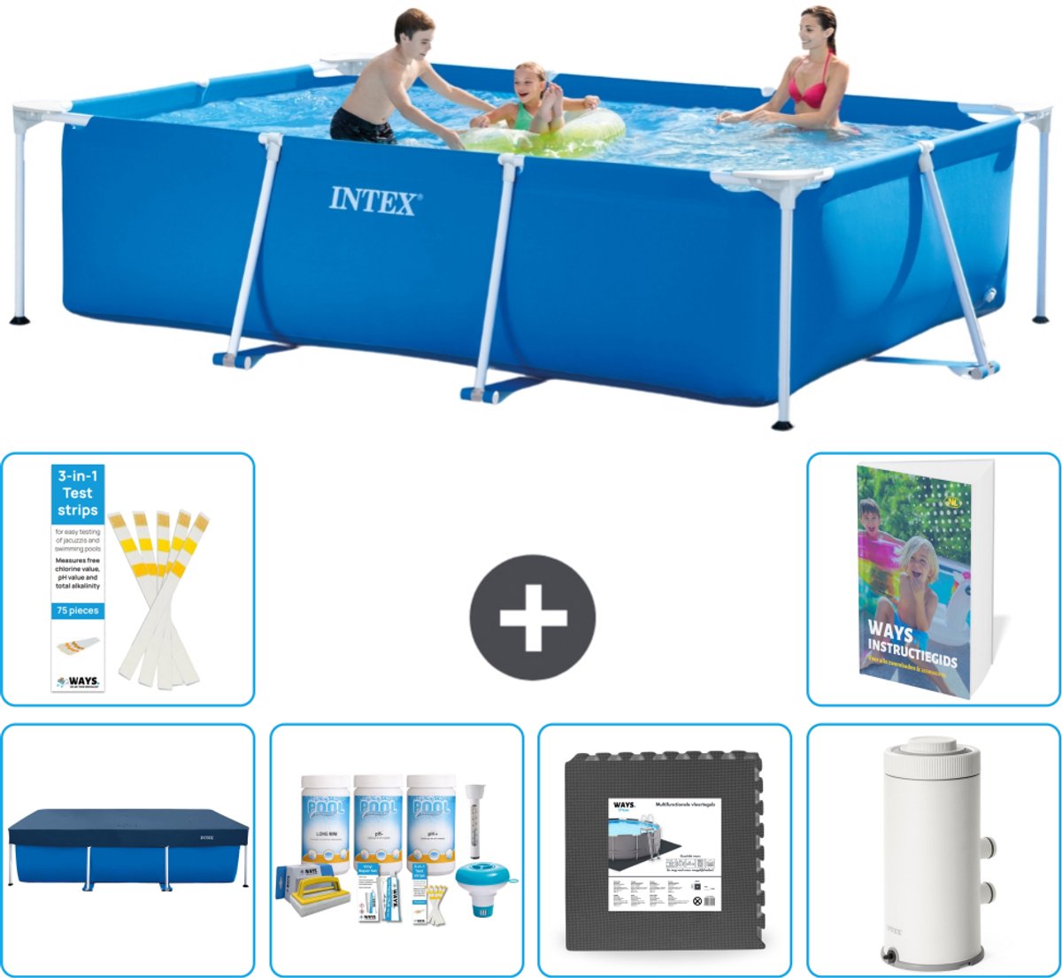 Intex Rechthoekig Frame Zwembad - 300 x 200 x 75 cm - Blauw - Inclusief Afdekzeil - Onderhoudspakket - Vloertegels - Zwembadfilterpomp - 7-delig