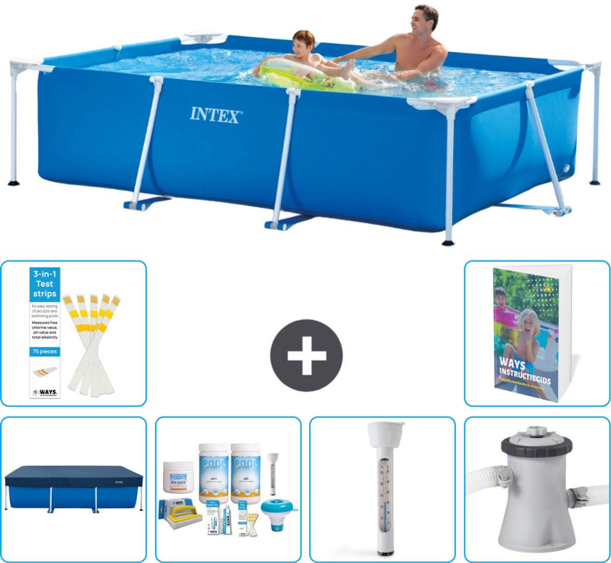Intex Rechthoekig Frame Zwembad - 260 x 160 x 65 cm - Blauw - Inclusief Afdekzeil - Onderhoudspakket - Thermometer - Zwembadfilterpomp - 7-delig