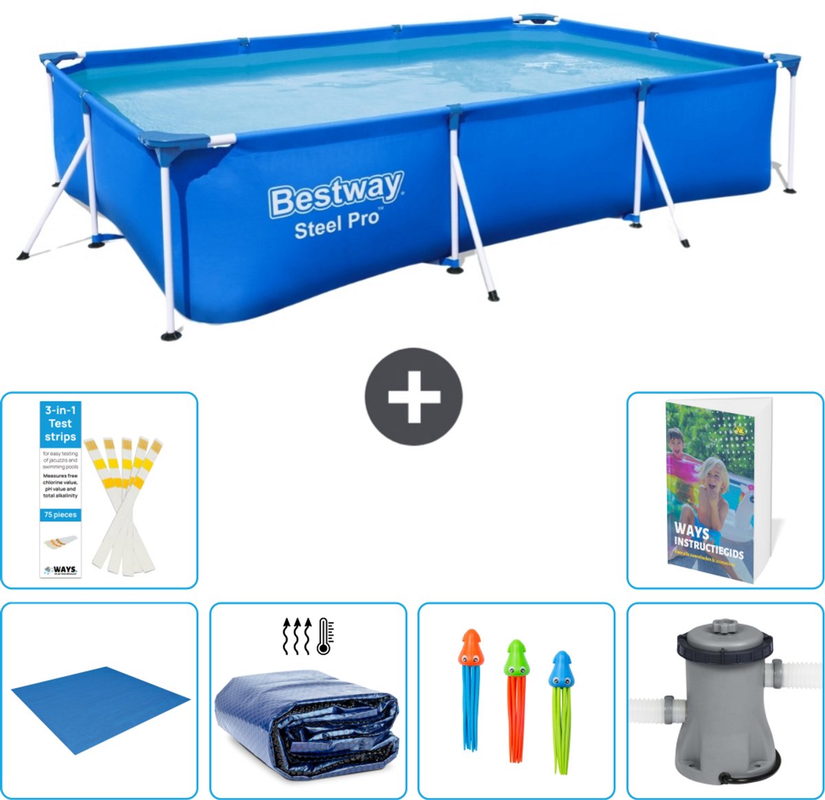 Bestway Rechthoekig Steel Pro Zwembad - 300 x 201 x 66 cm - Blauw - Inclusief Grondzeil - Solarzeil - Speelgoed - Zwembadfilterpomp - 7-delig