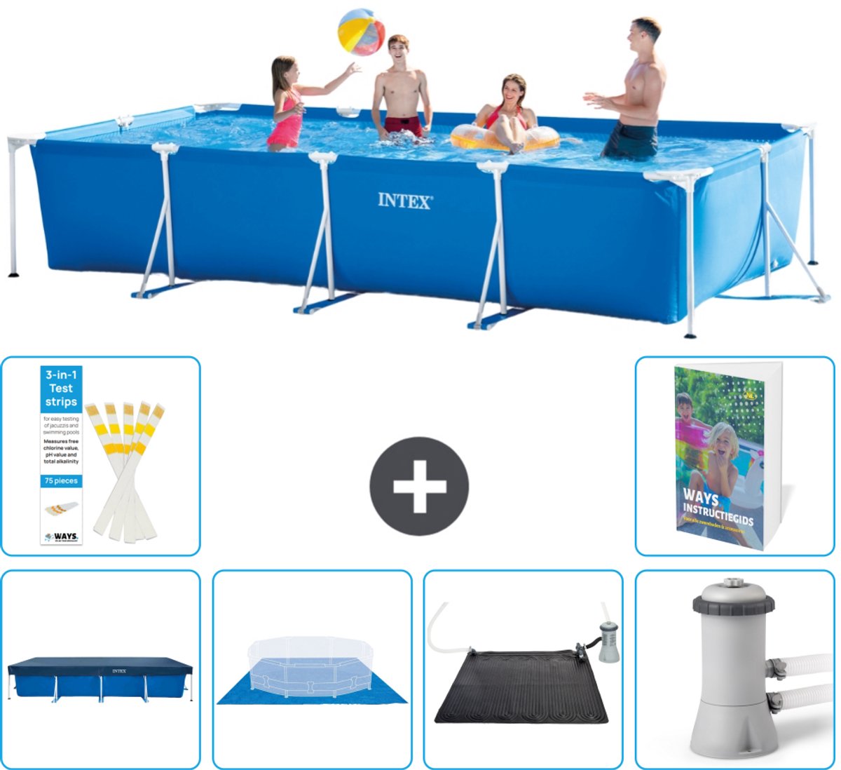 Intex Rechthoekig Frame Zwembad - 450 x 220 x 84 cm - Blauw - Inclusief Afdekzeil - Grondzeil - Solar Mat - Zwembadfilterpomp - 7-delig