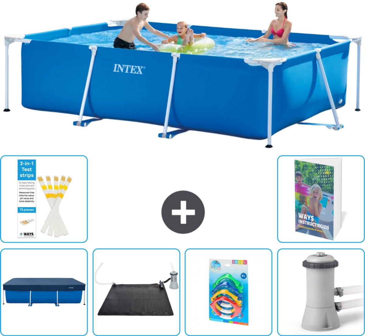 Intex Rechthoekig Frame Zwembad - 300 x 200 x 75 cm - Blauw - Inclusief Afdekzeil - Solar Mat - Speelgoed - Zwembadfilterpomp - 7-delig