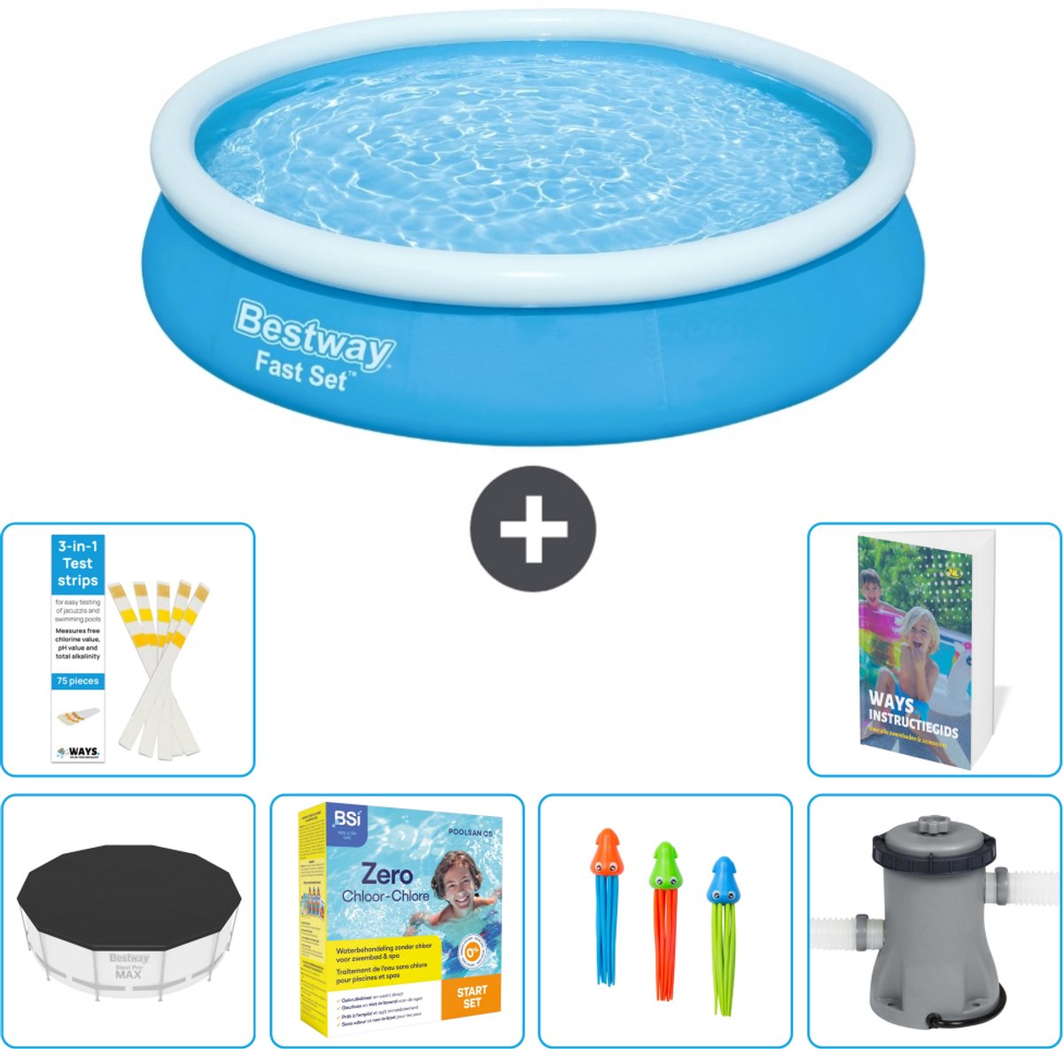 Bestway Rond Opblaasbaar Fast Set Zwembad - 366 x 76 cm - Blauw - Inclusief Afdekzeil - Onderhoudspakket - Speelgoed - Zwembadfilterpomp - 7-delig