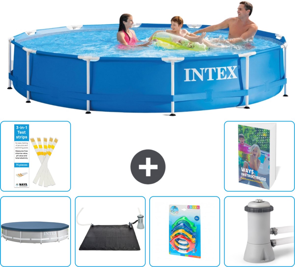 Intex Rond Frame Zwembad - 366 x 76 cm - Blauw - Inclusief Afdekzeil - Solar Mat - Speelgoed - Zwembadfilterpomp - 7-delig