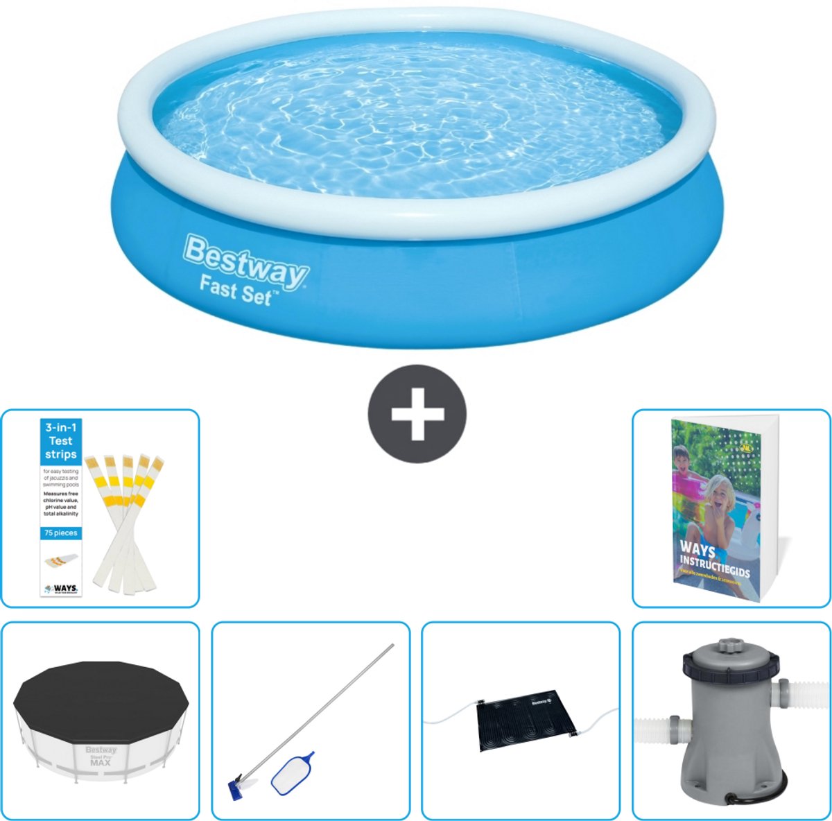 Bestway Rond Opblaasbaar Fast Set Zwembad - 366 x 76 cm - Blauw - Inclusief Afdekzeil - Schoonmaakset - Solar Mat - Zwembadfilterpomp - 7-delig