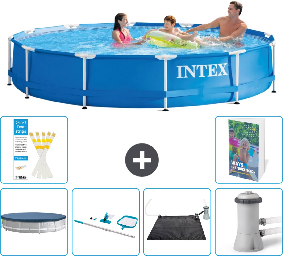 Intex Rond Frame Zwembad - 366 x 76 cm - Blauw - Inclusief Afdekzeil - Schoonmaakset - Solar Mat - Zwembadfilterpomp - 7-delig