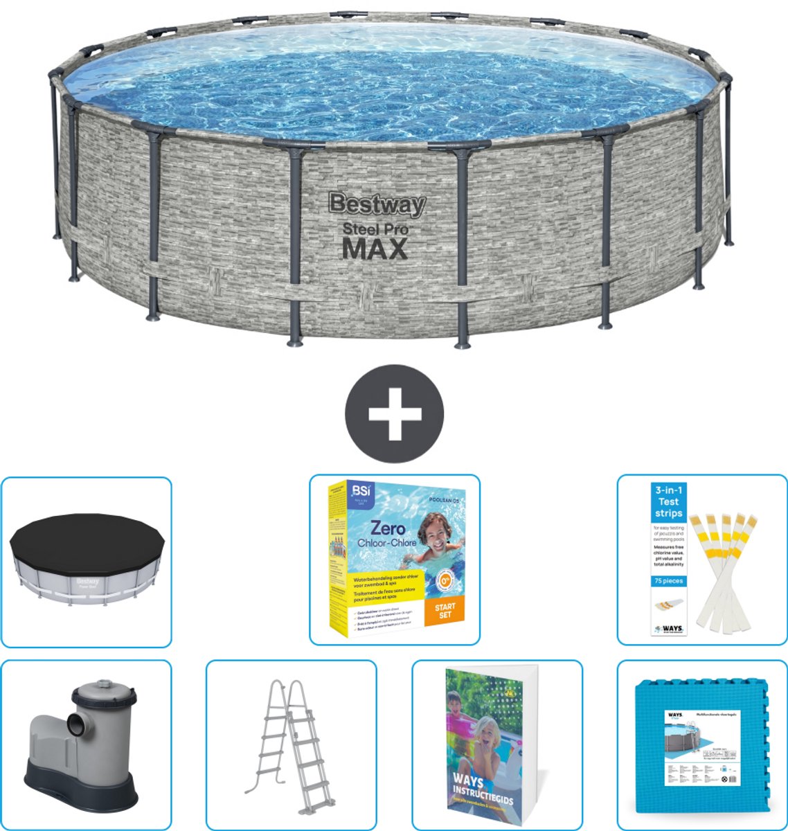 Bestway Rond Steel Pro MAX Zwembad - Steenprint - 488 x 122 cm - Inclusief Pomp - Ladder - Afdekzeil - Onderhoudspakket - Vloertegels - 8-delig