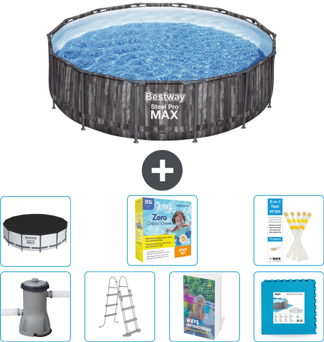 Bestway Rond Steel Pro MAX Zwembad - Houtprint - 427 x 107 cm - Inclusief Pomp - Ladder - Afdekzeil - Onderhoudspakket - Vloertegels - 8-delig