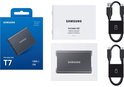 Samsung Portable SSD T7, 1TB, grijs, in verpakking met handleiding en kabels.
