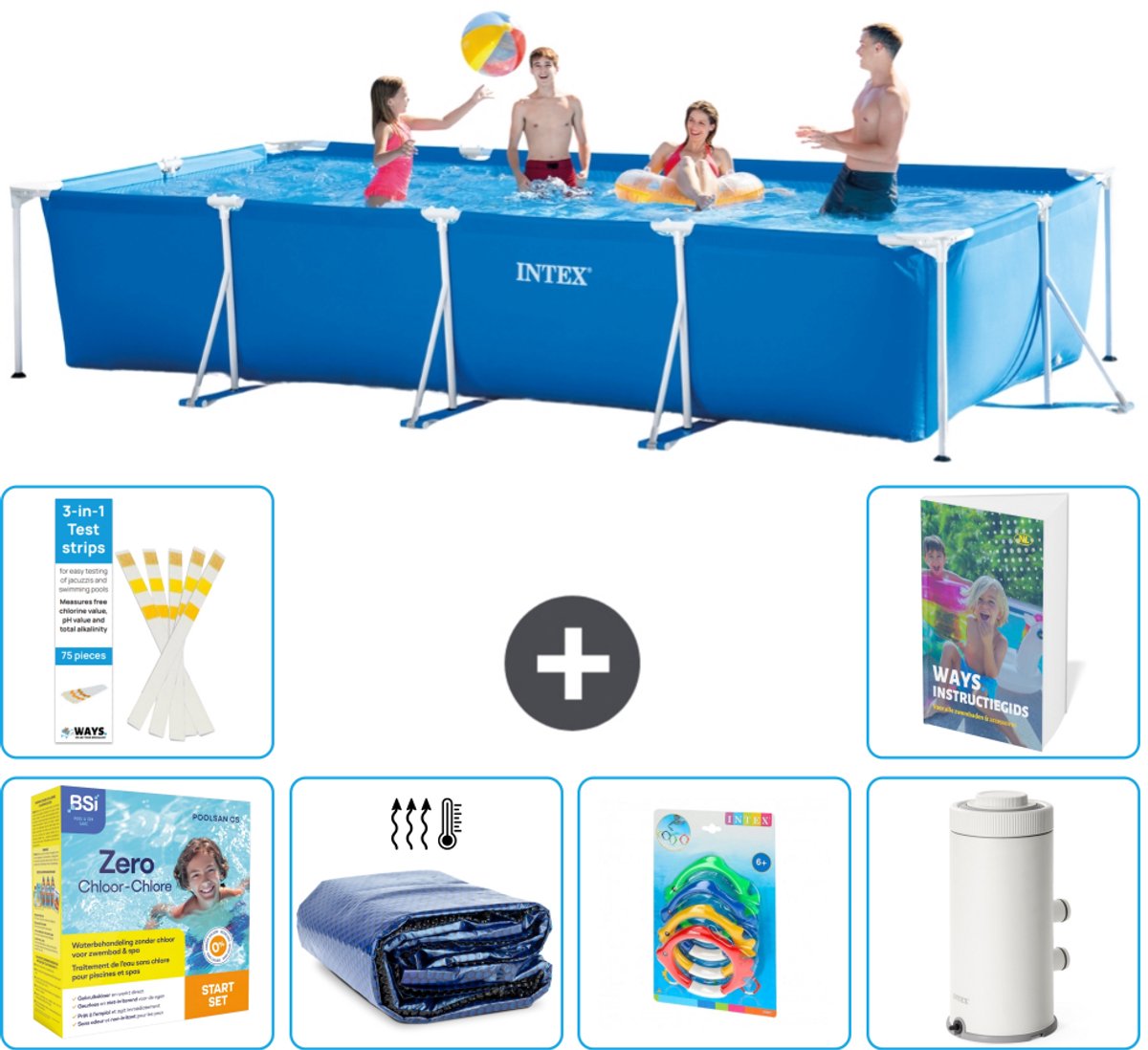 Intex Rechthoekig Frame Zwembad - 450 x 220 x 84 cm - Blauw - Inclusief Onderhoudspakket - Solarzeil - Speelgoed - Zwembadfilterpomp - 7-delig