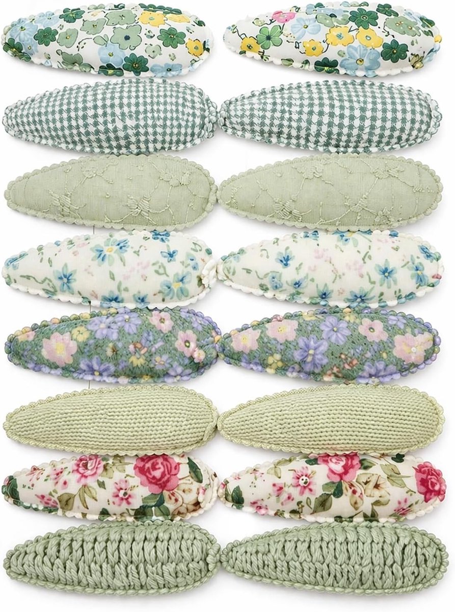 16 Haarclips voor Meisjes met Groene Bloemenpatronen - Antislip Stof voor Fijn Haar - Lichte Mini Clips voor Kinderen in de Lente en Zomer