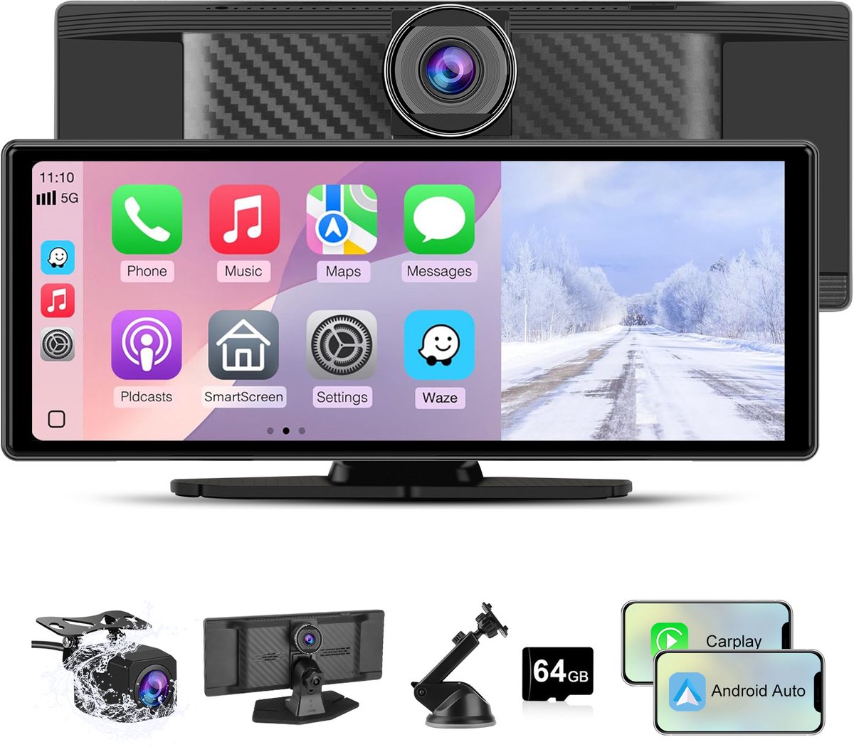 Cestovet CarPlay Scherm 10.26 Inch - Apple CarPlay & Android Auto - Draadloos - Touchscreen - Navigatiesysteem auto - Inclusief 4K Front Dashcam - Bluetooth/FM/AUX/64G TF-kaart