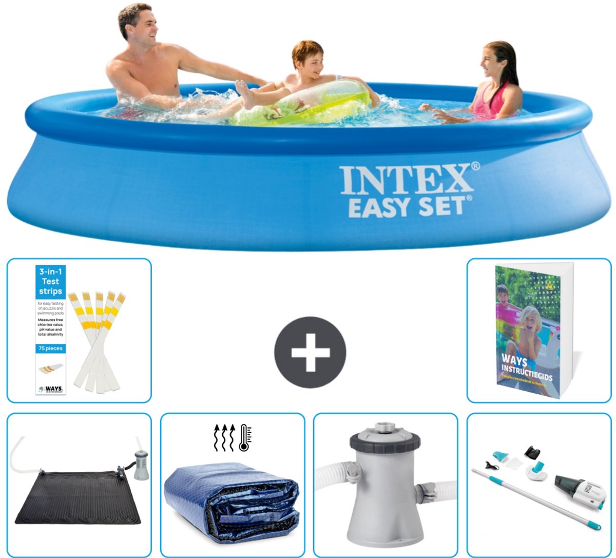 Intex Rond Opblaasbaar Easy Set Zwembad - 305 x 61 cm - Blauw - Inclusief Solar Mat - Solarzeil - Zwembadfilterpomp - Stofzuiger - 7-delig