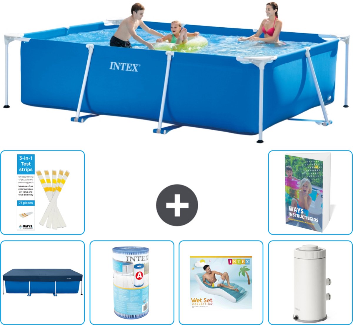 Intex Rechthoekig Frame Zwembad - 300 x 200 x 75 cm - Blauw - Inclusief Afdekzeil - Filter - Loungebed - Zwembadfilterpomp - 7-delig