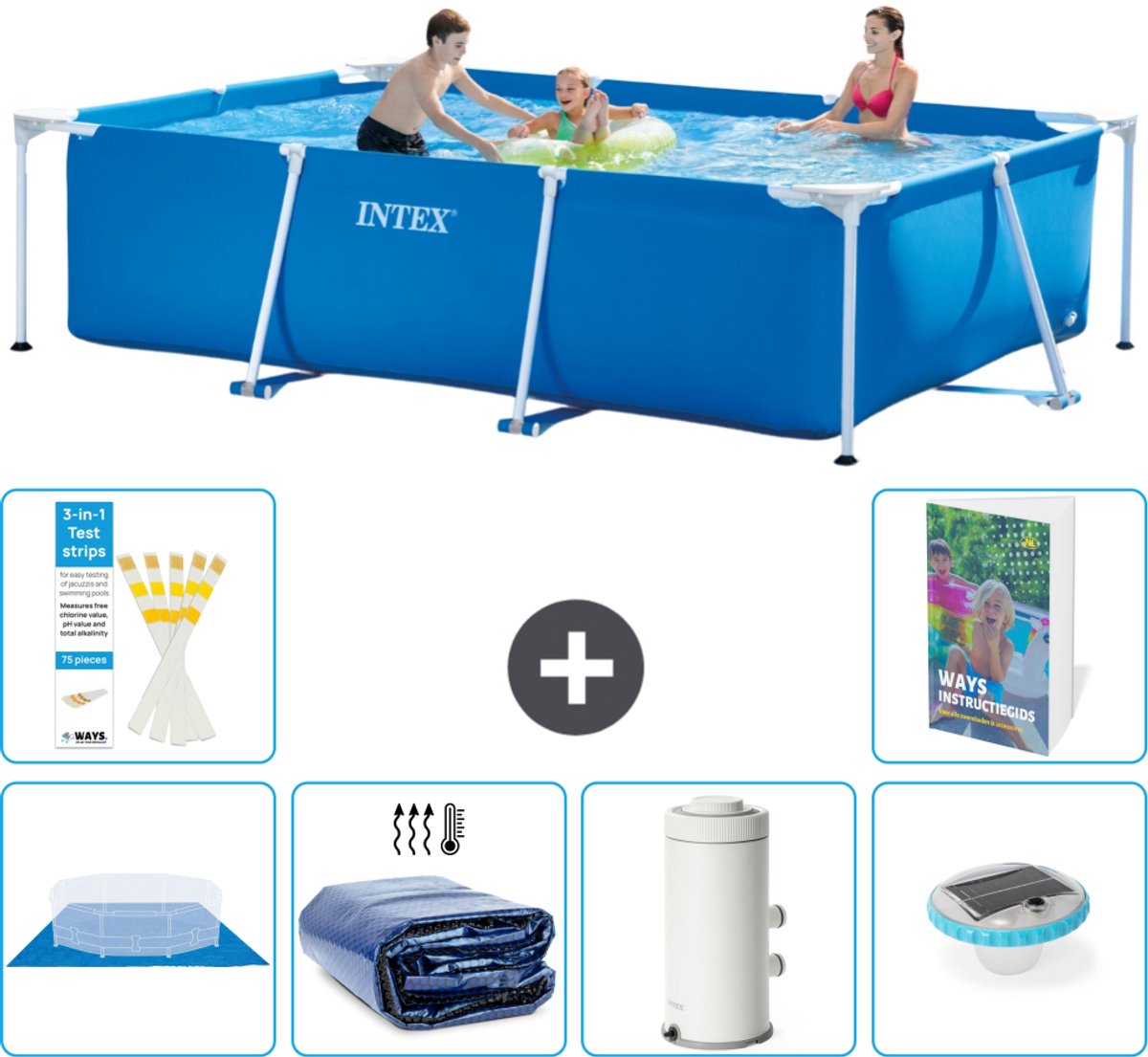 Intex Rechthoekig Frame Zwembad - 300 x 200 x 75 cm - Blauw - Inclusief Grondzeil - Solarzeil - Zwembadfilterpomp - Verlichting - 7-delig