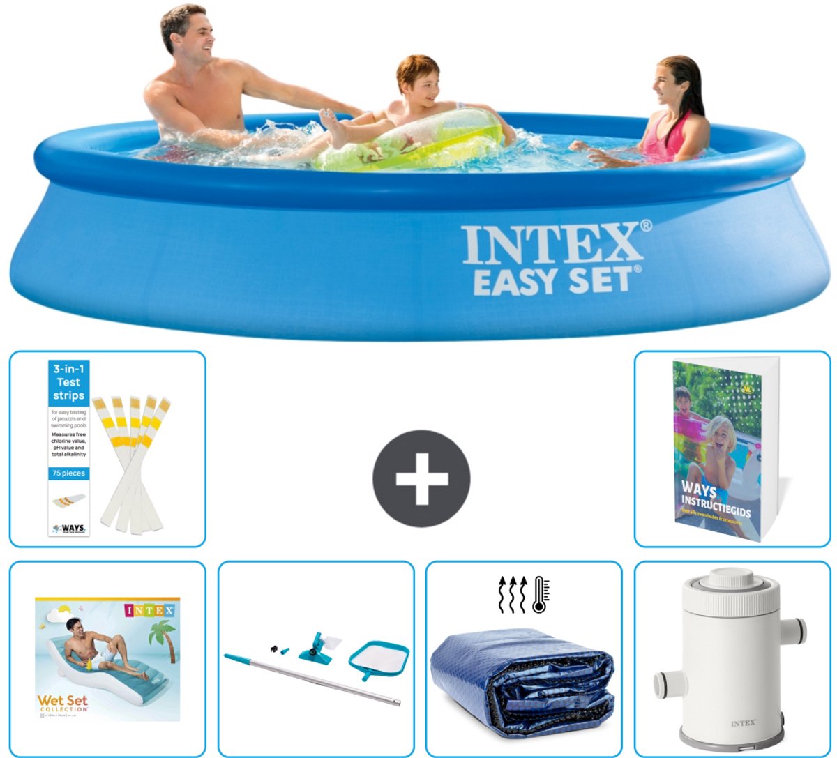Intex Rond Opblaasbaar Easy Set Zwembad - 305 x 61 cm - Blauw - Inclusief Loungebed - Schoonmaakset - Solarzeil - Zwembadfilterpomp - 7-delig
