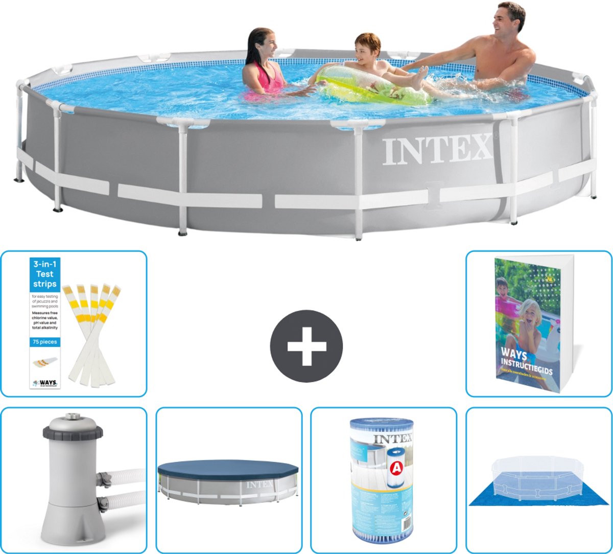 Intex Rond Prism Frame Zwembad - 366 x 76 cm - Grijs - Inclusief Pomp - Afdekzeil - Filter - Grondzeil - 7-delig