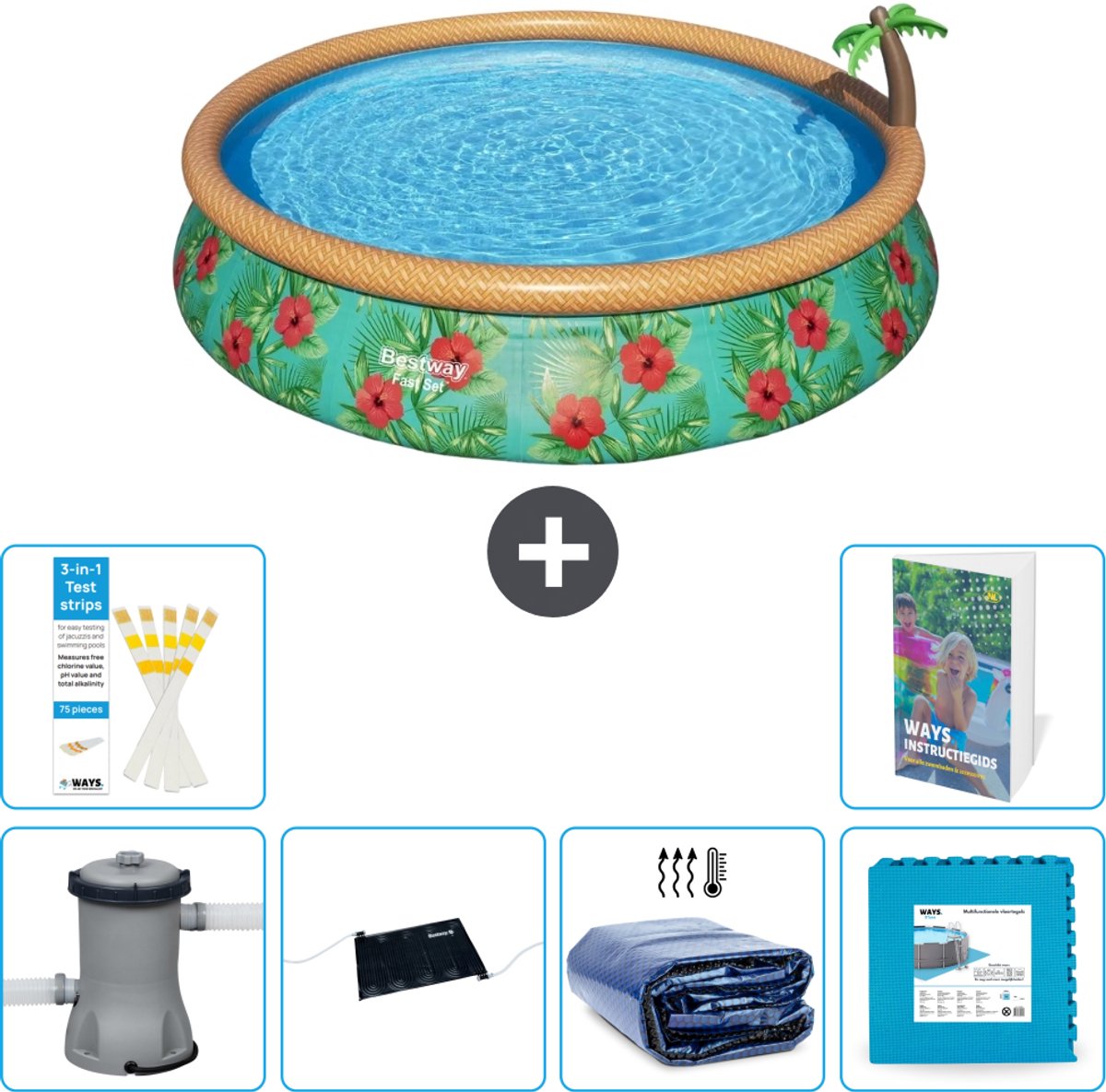 Bestway Rond Opblaasbaar Fast Set Zwembad - Paradijsprint - 457 x 84 cm - Inclusief Pomp - Solar Mat - Solarzeil - Vloertegels - 7-delig