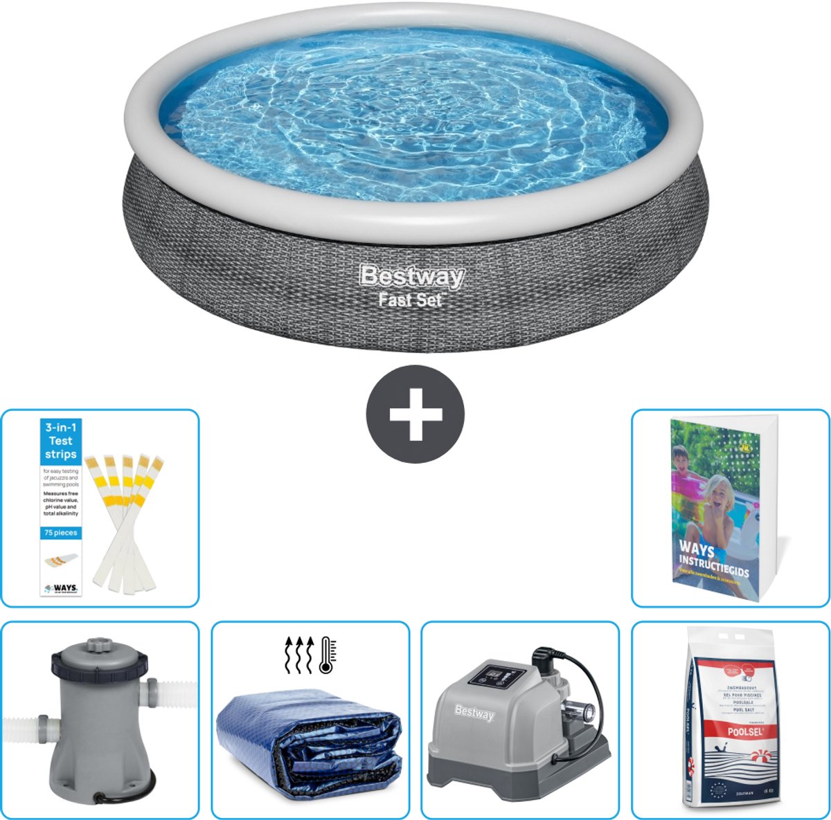 Bestway Rond Opblaasbaar Fast Set Zwembad - Rotanprint - 366 x 76 cm - Inclusief Pomp - Solarzeil - Zoutwatersysteem - Zwembadzout - 7-delig