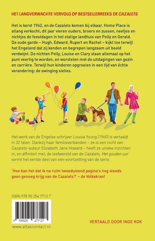 Illustratie van kinderen en honden rond een kerstboom, met tekst over de Cazalets serie.