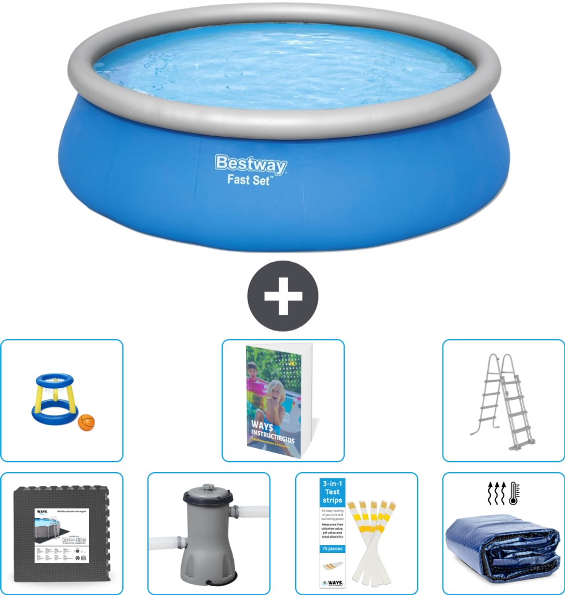 Bestway Rond Opblaasbaar Fast Set Zwembad - 457 x 122 cm - Blauw - Inclusief Pomp - Ladder - Solarzeil - Speelgoed - Vloertegels - 8-delig